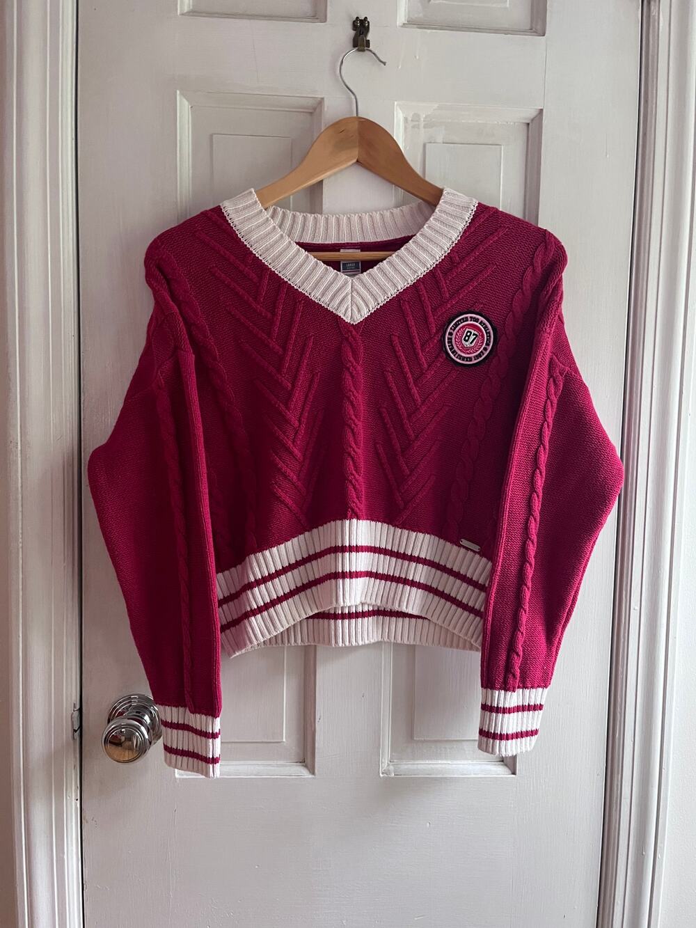 Limited Too Varsity Cable Knit Red Crop Sweater Size L 12-14 XS Adult